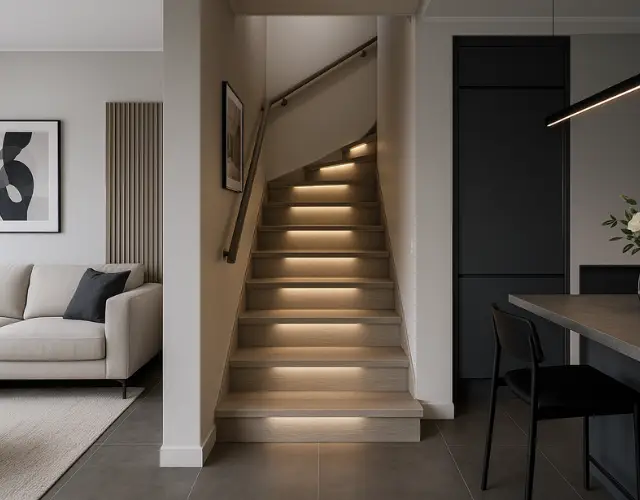 escalier entre salon et cuisine moderne gris avec LED dans le nez de marche